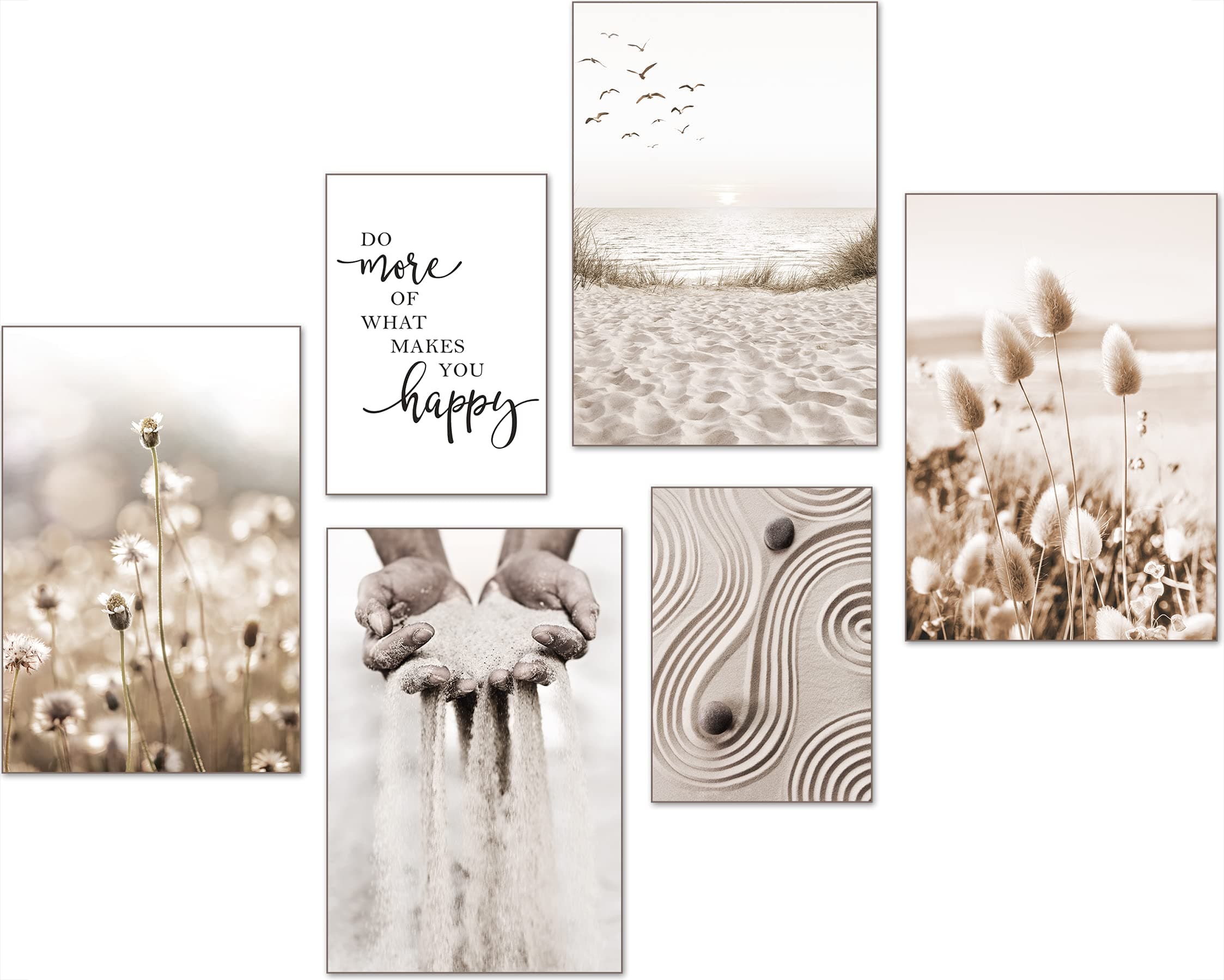 artpin® Moderne Poster Set - Bilder Wohnzimmer Deko Schlafzimmer 🎨🖼️ Pampas Gras Strand Bilderwand ohne Rahmen (4x A4 | 2x A5)