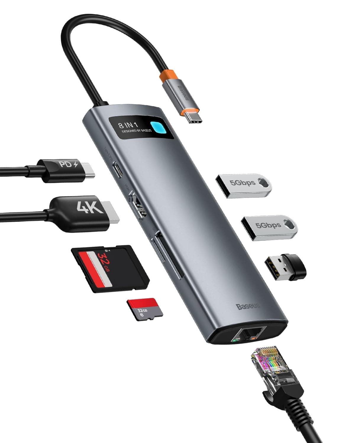 Baseus 8 in 1 USB C Hub Adapter mit 4K HDMI, Gigabit Ethernet, 100W PD, 3 USB A 3.0, SD/TF Kartenleser - Angebot!