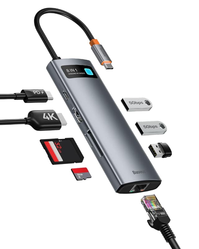 Baseus 8 in 1 USB C Hub Adapter mit 4K HDMI, Gigabit Ethernet, 100W PD, 3 USB A 3.0, SD/TF Kartenleser - Angebot!