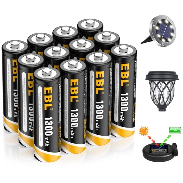 🔋🌞 EBL 12 Stück 1300mAh 1.2V wiederaufladbare Solar-Batterien, AA Akku