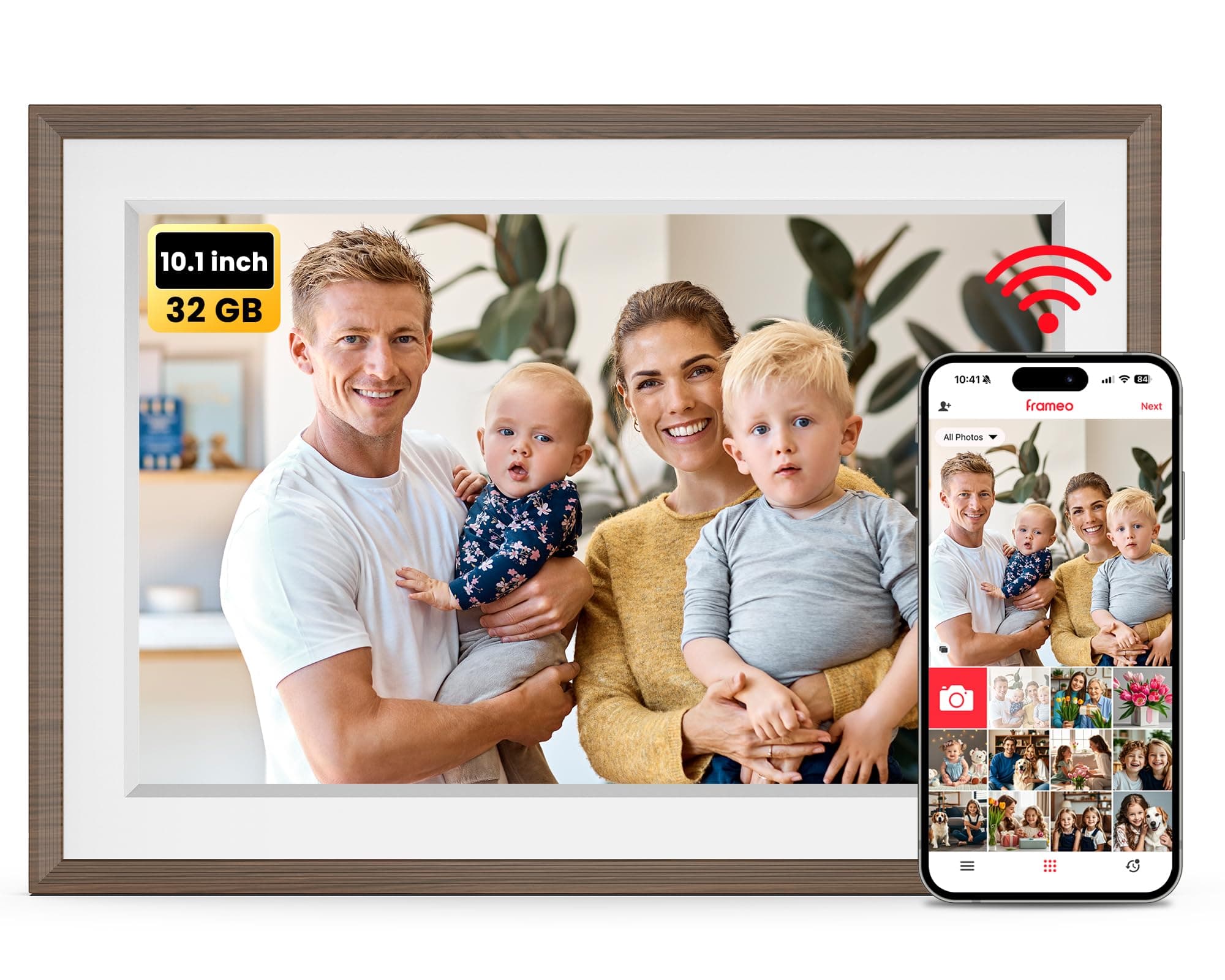 FRAMEO Digitaler Bilderrahmen WLAN 10,1 Zoll - 1280x800 IPS Touchscreen Digitale Bilderrahme, 32GB Speicher, Auto Rotation Elektronischer Fotorahmen, Teilen Sie Fotos/Videos Sofort (Holzmaserung Weiß)