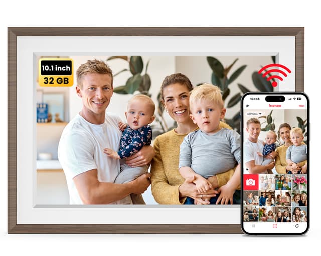 FRAMEO Digitaler Bilderrahmen WLAN 10,1 Zoll - 1280x800 IPS Touchscreen Digitale Bilderrahme, 32GB Speicher, Auto Rotation Elektronischer Fotorahmen, Teilen Sie Fotos/Videos Sofort (Holzmaserung Weiß)