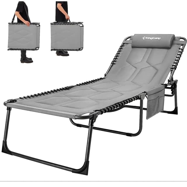 🌞🏖️ KingCamp Übergroße Sonnenliege Klappbar 5-Fach Verstellbar Gartenliege Liegestuhl Dreibeinliege Liege Campingliege mit Kopfkissen und Seitentasche bis 150 kg für Garten Urlaub Strand Pool 200 x 68 cm #Übergröße/Baumwolle- Grau- 1 Stück Liegen