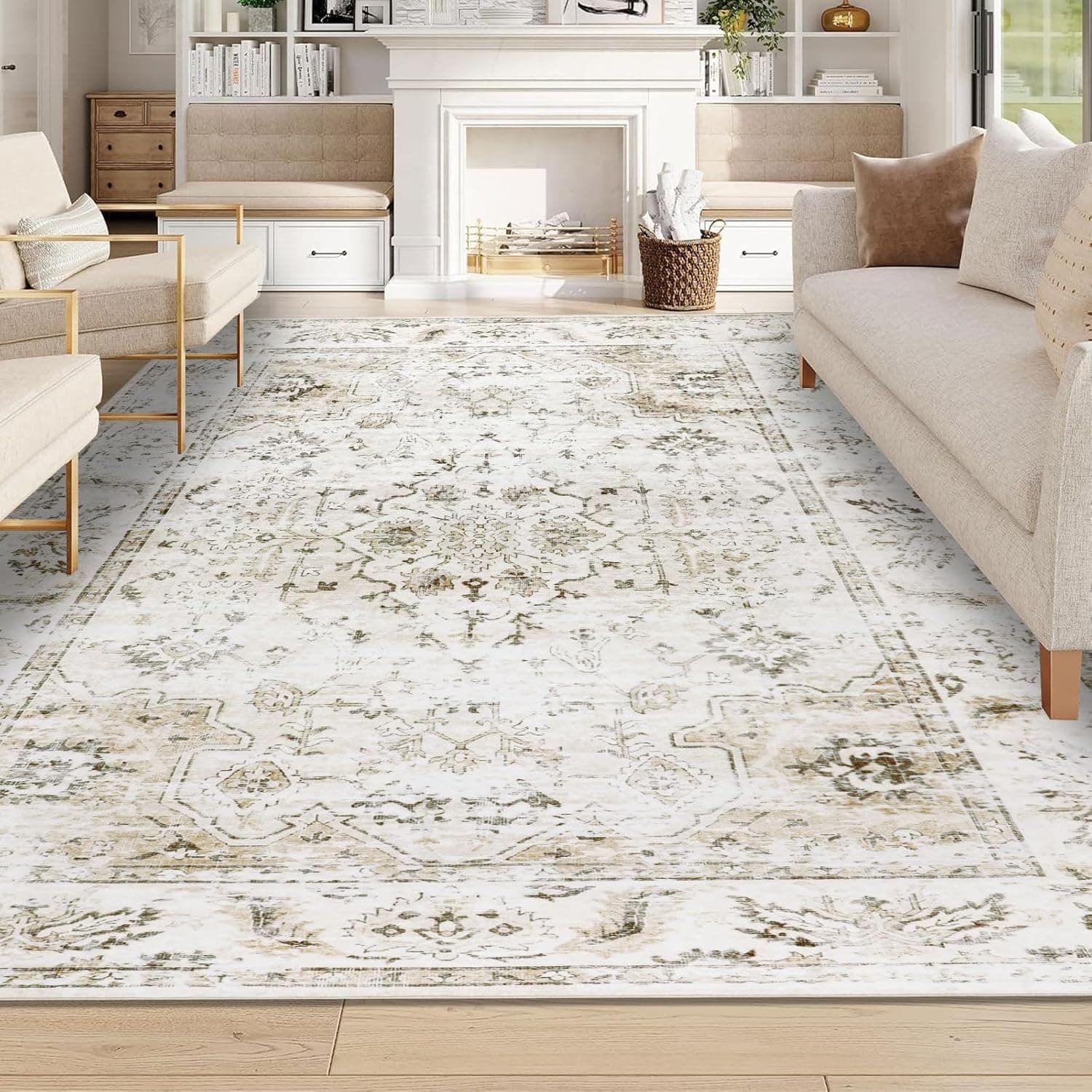 Homcomodar Teppich Beige 200x290cm | Premium Boho Teppich | Waschbarer Kurzflor Teppich