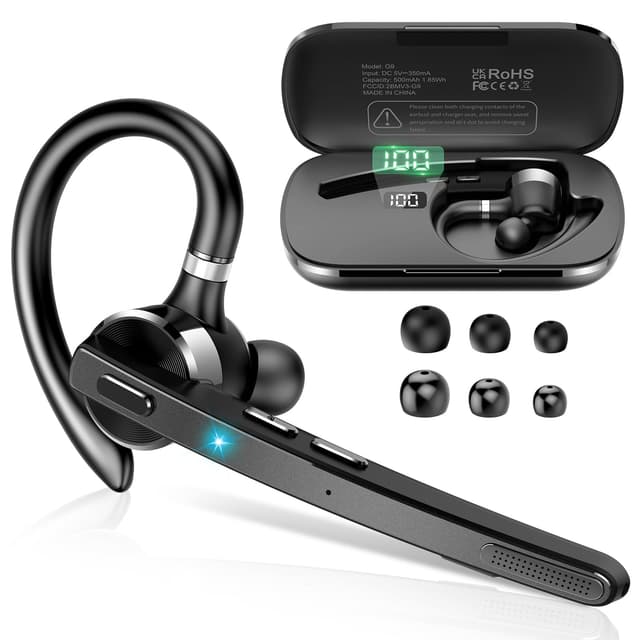 🎧 Bluetooth Headset V5.3, Wireless Freisprech Telefon mit CVC 8.0/ENC Dual Mic, APTX, Mute Zwei-Geräte-Verbindung Headset Handy, 90 Std Spielzeit Bluetooth Ohrhörer mit Ladebox für Geschäft/Trucker Schwarz 🎶