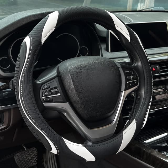 🚗🔝 XCBYT Lenkradbezug Auto Universal 37-38cm, Super Anti-Rutsch Lenkradhülle in Leder, Sportlich Lenkradschoner für Sommer Winter, Weiß 🚗🔝