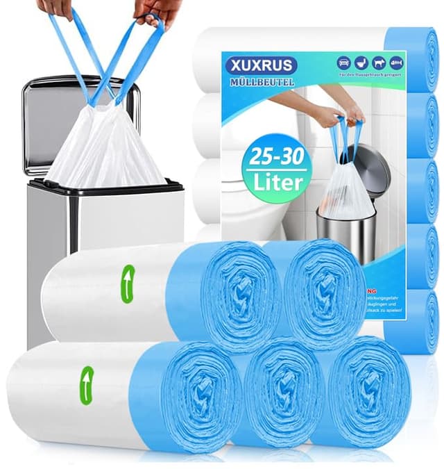 🚮 XUXRUS Müllbeutel 25L mit Zugband Reißfeste Müllsäcke 30l Blickdicht Abfallsäcke Weiß Mülltüten mit Tragegriff, 50 Stück