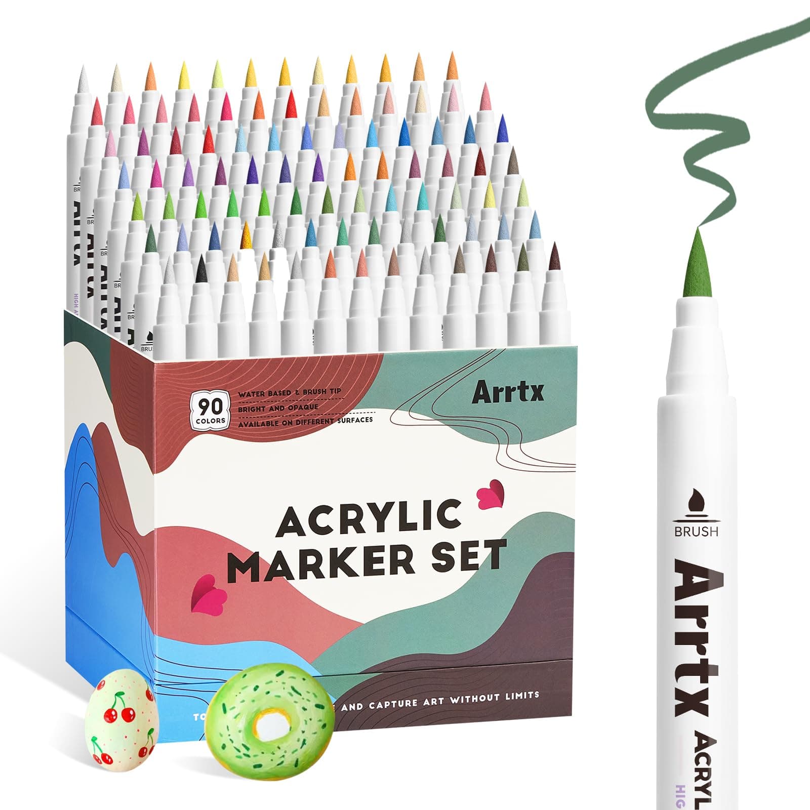 Arrtx Acrylstifte für Steine wasserfest, 90 Farben Acrylstifte Marker Pinsel Spitze
