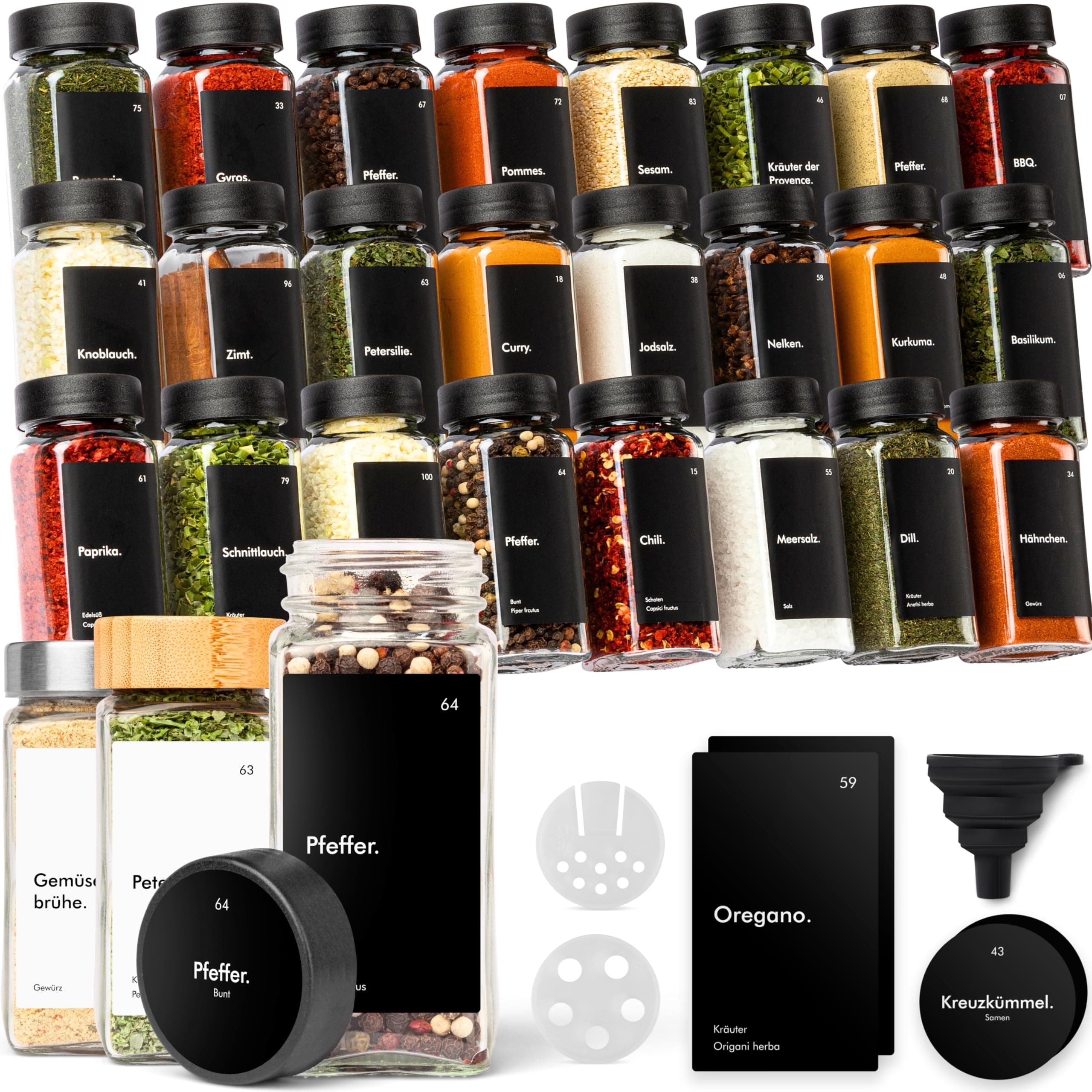 🌶️🌶️ KIVY Gewürzgläser mit Streueinsatz [24x 120ml] + 240 Wasserfeste Label 🏷️ - Luftdichte Gewürzgläser Schwarz 🖤 - Gewürzstreuer Glas Sticker 🔖 - Gewürzdosen Schwarz - Gewürzgläser schwarzer Deckel 🖤 Schwarze Gewürzgläser 🌶️🌶️
