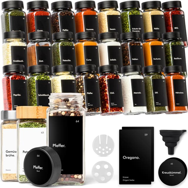 🌶️🌶️ KIVY Gewürzgläser mit Streueinsatz [24x 120ml] + 240 Wasserfeste Label 🏷️ - Luftdichte Gewürzgläser Schwarz 🖤 - Gewürzstreuer Glas Sticker 🔖 - Gewürzdosen Schwarz - Gewürzgläser schwarzer Deckel 🖤 Schwarze Gewürzgläser 🌶️🌶️