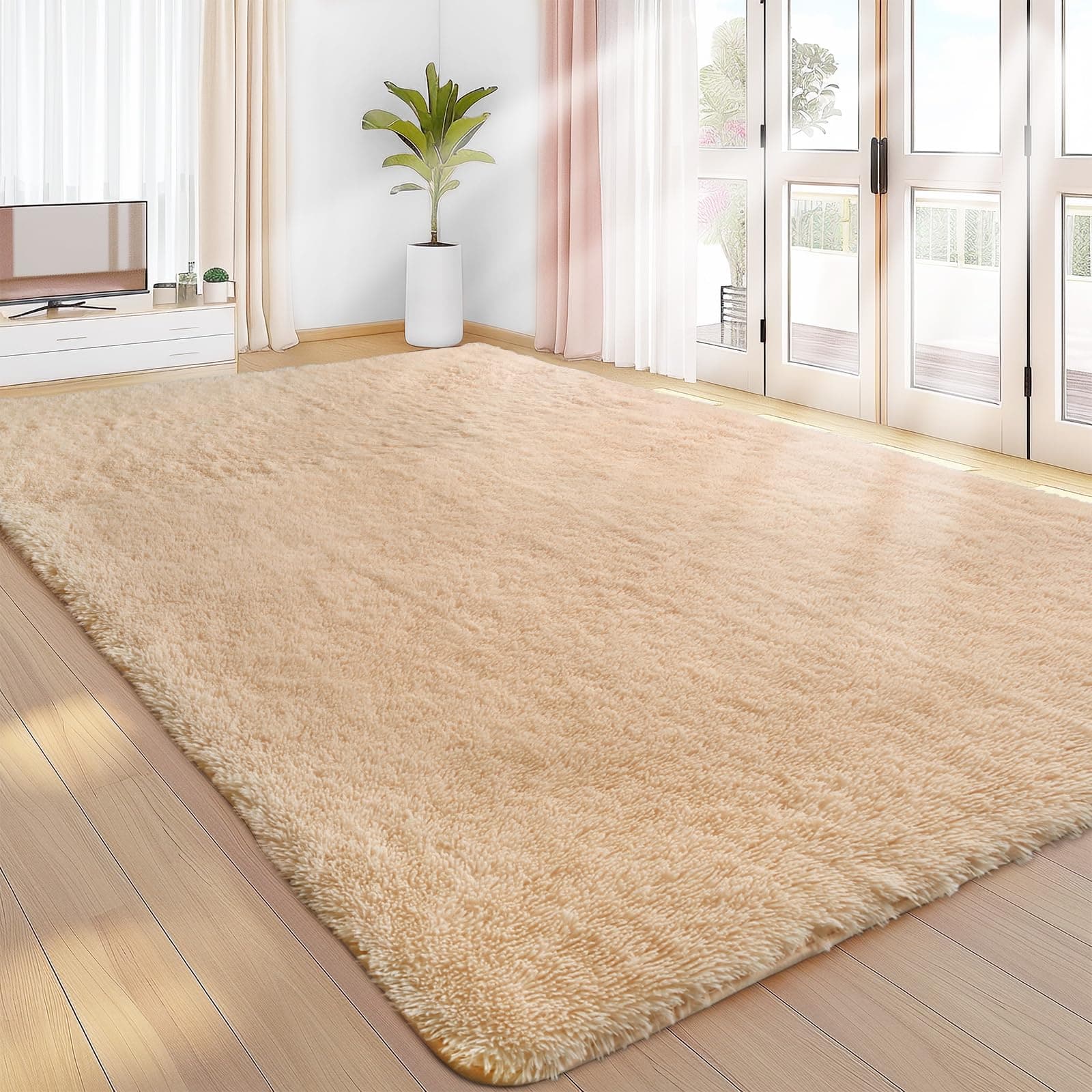 Flauschiger Hochflor Teppich 240x300 cm 🌟 Beige Teppich für Wohnzimmer und Schlafzimmer