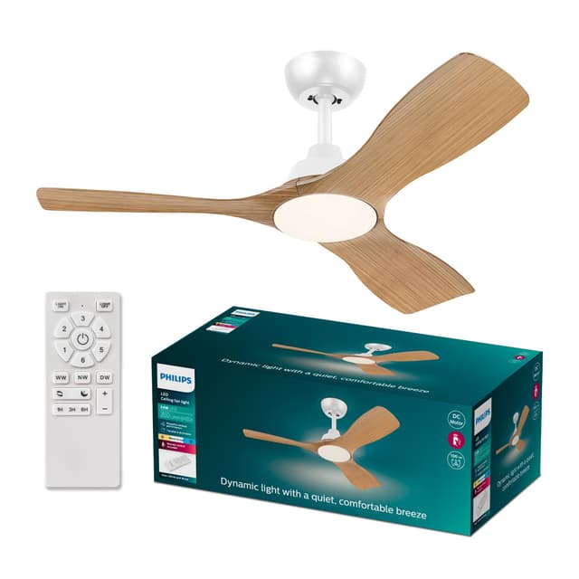 Philips Olas Deckenventilator, 3 Flügel, 107cm ⌀, LED-Licht, Fernbedienung - Weiß-Holz