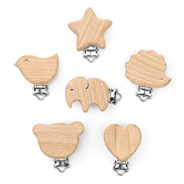 RUBY 6stk Schnullerclip Holz Natur 🐘🐻