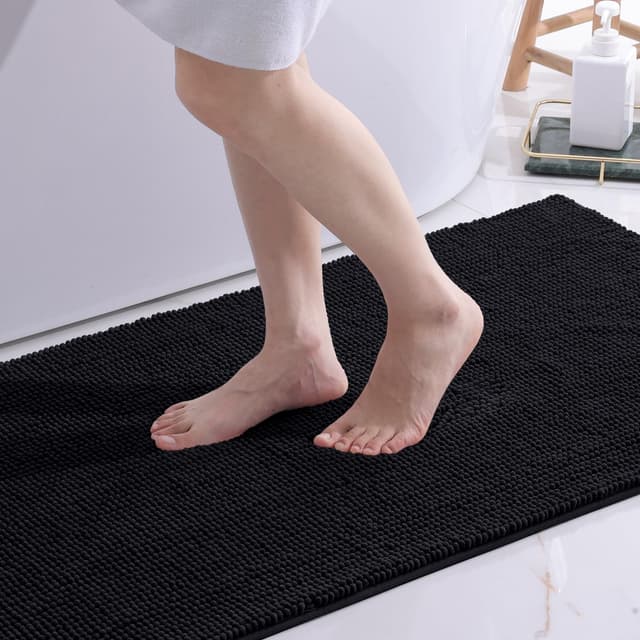 OLANLY Chenille Badematte 60 x 120 cm Schwarz 🚿 Rutschfest & Saugfähig 🌟 Waschbar & Langlebig 💦