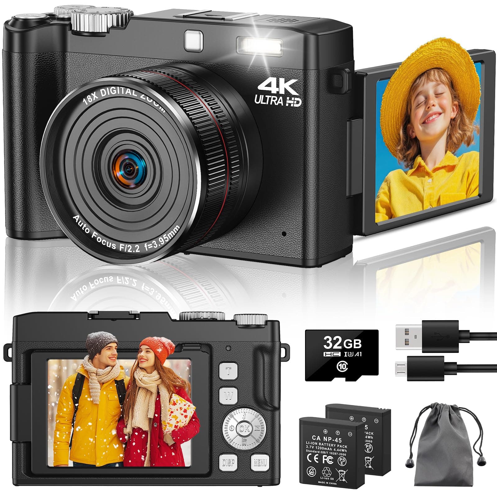 📸 Digitalkamera 4K 64MP mit 180° Flip Bildschirm - 18X Autofokus - 32GB SD - Schwarz