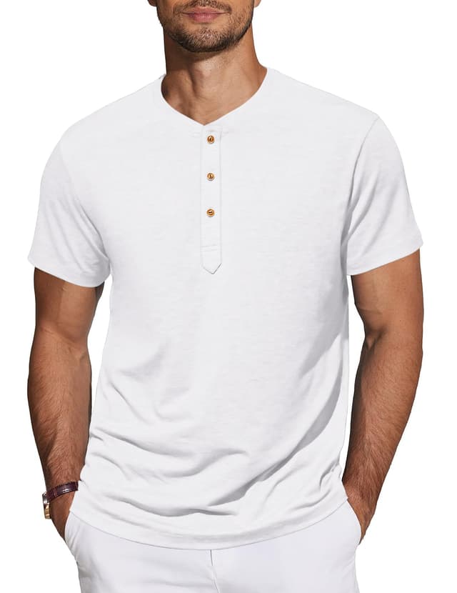 👕 TARAINYA Henley Shirt Herren Baumwolle T-Shirt Kurzarm Sommer Männer B Weiß L