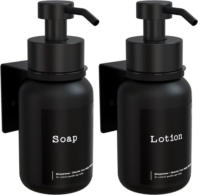 TEHEO Seifenspender Wandbefestigung Schwarz - Glas Seifenspender 250ml - Wandseifenspender Kleben oder Bohren - Seifenspender Wand Ohne Bohren - Flüssigseifenspender für Shampoo Duschgel [2 Stück] Matt Schwarz-schwarz 2 Stück