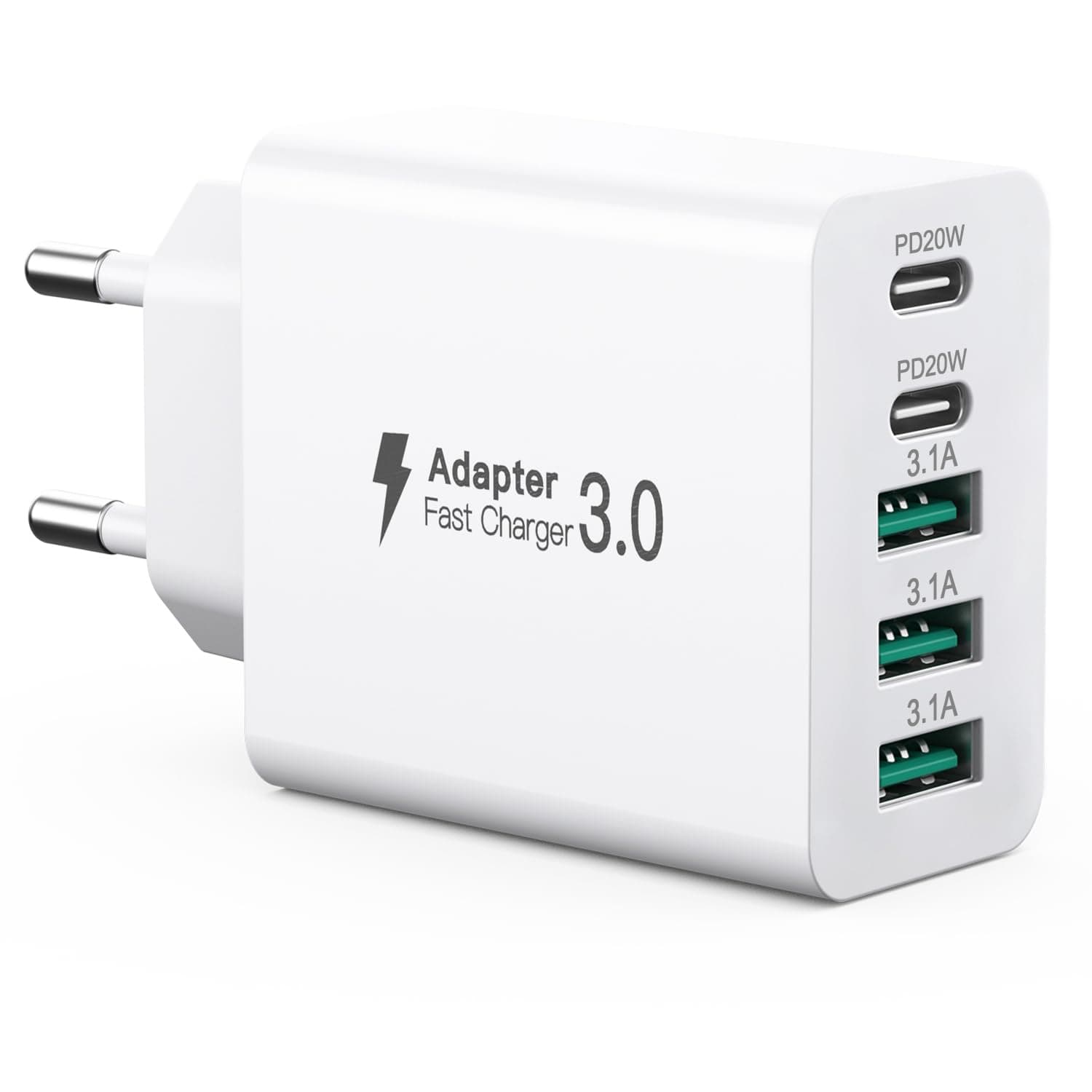 USB C Ladegerät 50W, 5 Ports Mehrfach Stecker mit【2 USB-C und 3 USB-A】, 50W USB-A Netzteil Wand-Ladegerät, Fast Charge PD 3.0 Power Adapter Kompatibel mit iPhone 12/13/14/15/16/Samsung/Handys/Tablets Weiß