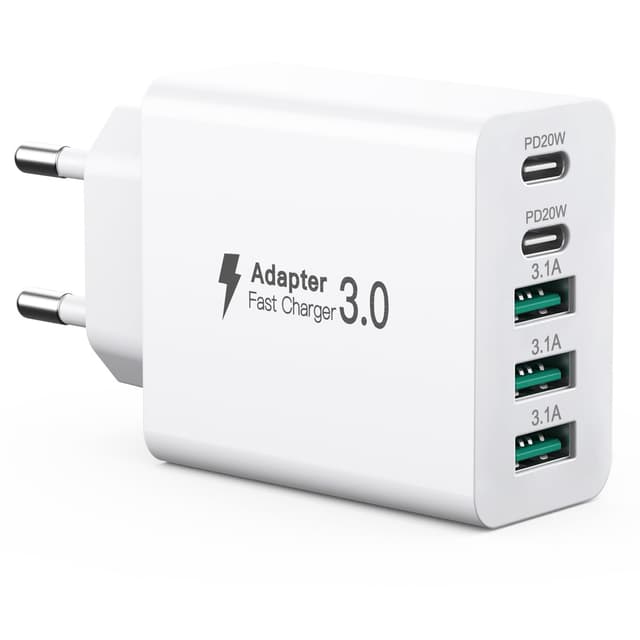USB C Ladegerät 50W, 5 Ports Mehrfach Stecker mit【2 USB-C und 3 USB-A】, 50W USB-A Netzteil Wand-Ladegerät, Fast Charge PD 3.0 Power Adapter Kompatibel mit iPhone 12/13/14/15/16/Samsung/Handys/Tablets Weiß