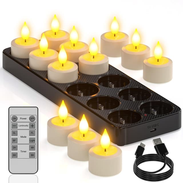 🕯️ Yme Aufladbare Teelichter mit Timerfunktion und Ladestation, 12er LED Teelichter Wiederaufladbar Kerzen 🕯️