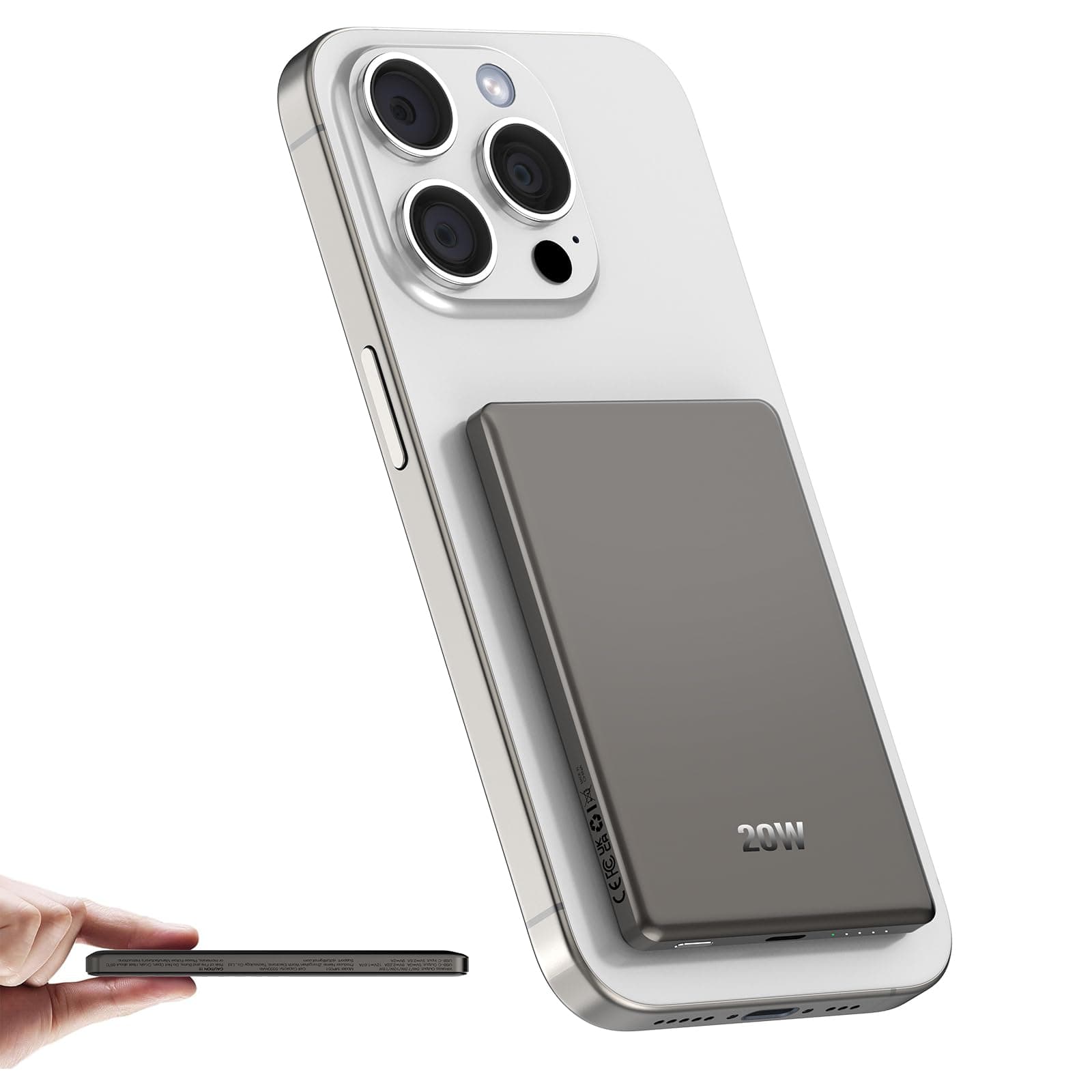 Dbasne Magnetische Power Bank, für Magsafe Powerbank 5000mAh, PD 20W Schnelles Aufladen Tragbares Ladegerät, QC 3.0 Externe Handyakku mit USB-C - Grau