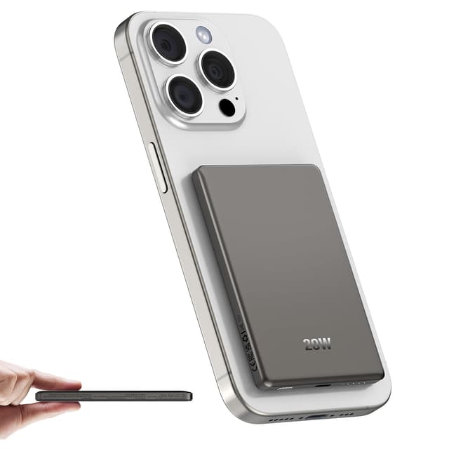 Dbasne Magnetische Power Bank, für Magsafe Powerbank 5000mAh, PD 20W Schnelles Aufladen Tragbares Ladegerät, QC 3.0 Externe Handyakku mit USB-C - Grau