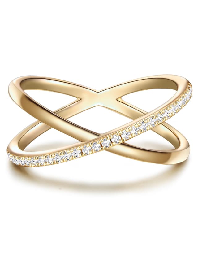 GLANZSTÜCKE MÜNCHEN Damen Ring aus 925/- Sterling Silber gelbvergoldet mit Zirkonia weiß - Doppelring Crossover Silberring Gelbgold 18