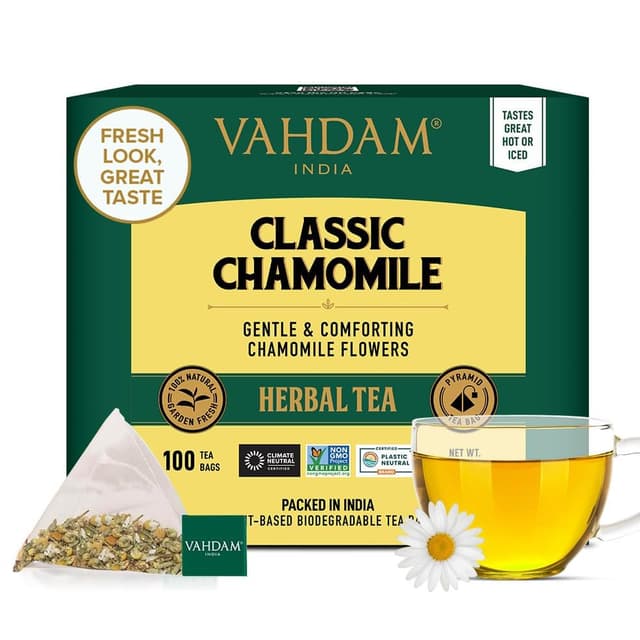 VAHDAM, Classic Chamomile Kräutertee Beutel (100 Teebeutel) Koffeinfrei 🌼 | 100% Natürliche Zutaten | Kamillentee | Kräutertee Mit Blumengeschmack