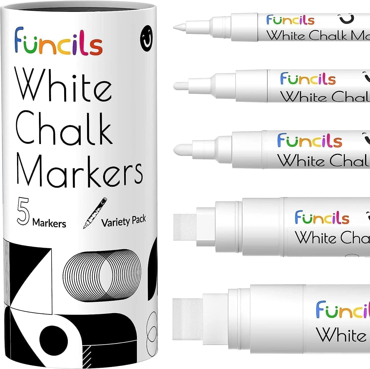 🌟 Funcils Kreidestifte - Weiß - 5 Kreide Markers Multipack - 1mm, 3mm, 6mm, 10mm, 15mm Spitze