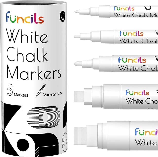 🌟 Funcils Kreidestifte - Weiß - 5 Kreide Markers Multipack - 1mm, 3mm, 6mm, 10mm, 15mm Spitze