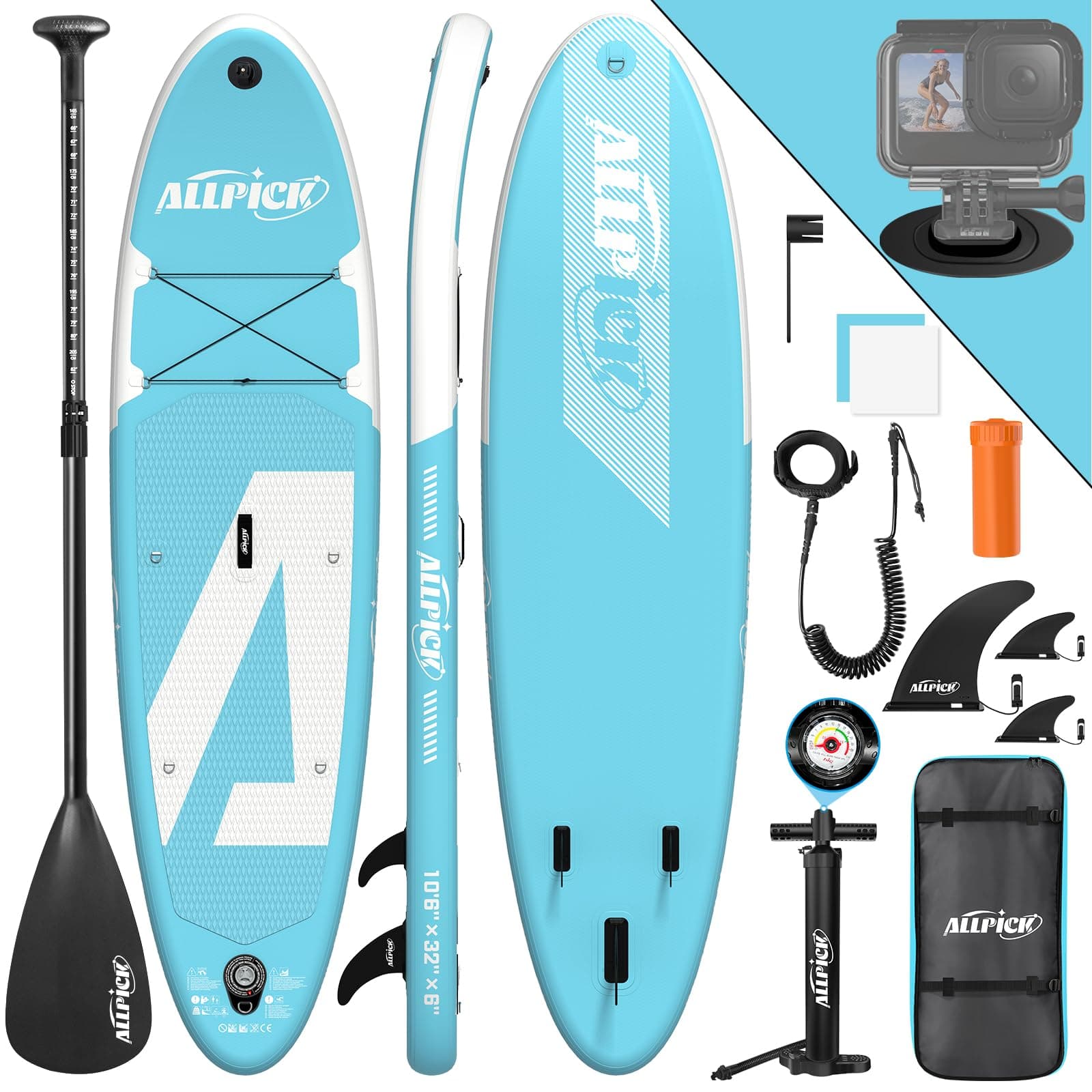 ALLPICK Premium SUP Board Set - Aufblasbares Stand Up Paddling Board mit Kamerahalterung
