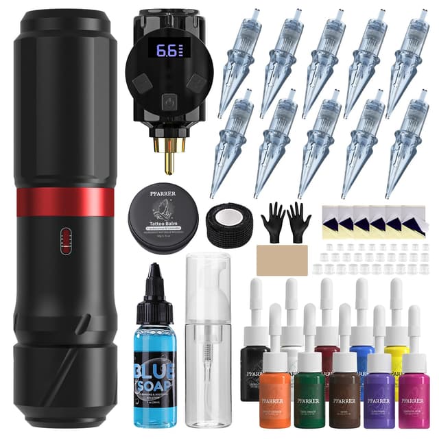 PFARRER Tattoo Maschine Set mit 4 Modi 900mAh Akku LCD Digital 10Pcs Tattoo Cartridge 10 Tattoo Inks Kompletter Tattoo Pen Maschine Zubehör PRP83KIT-1 Black 🖋️🎨