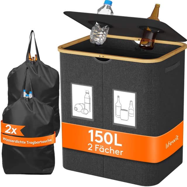 🌿🌍 Lifewit 150L Pfandflaschen Sammelbehälter mit Deckel und 2 Fächern - Dunkelgrau 150L