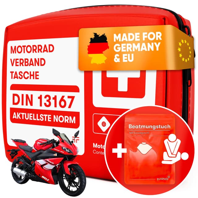 🏍️🆘 PURAHELP Motorrad Verbandskasten 2025 - Inkl. Beatmungstuch - Erste Hilfe Set Mini
