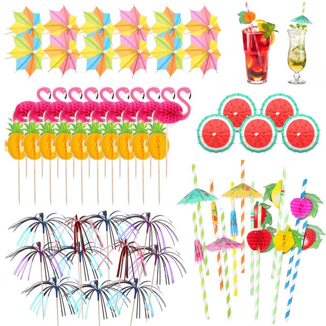 🍹🎉 Cocktail Deko, 80 Stück Wiederverwendbar Cocktail Schirmchen, Feuerwerk Sticks, Rührer Sticks, Papier Strohhalme