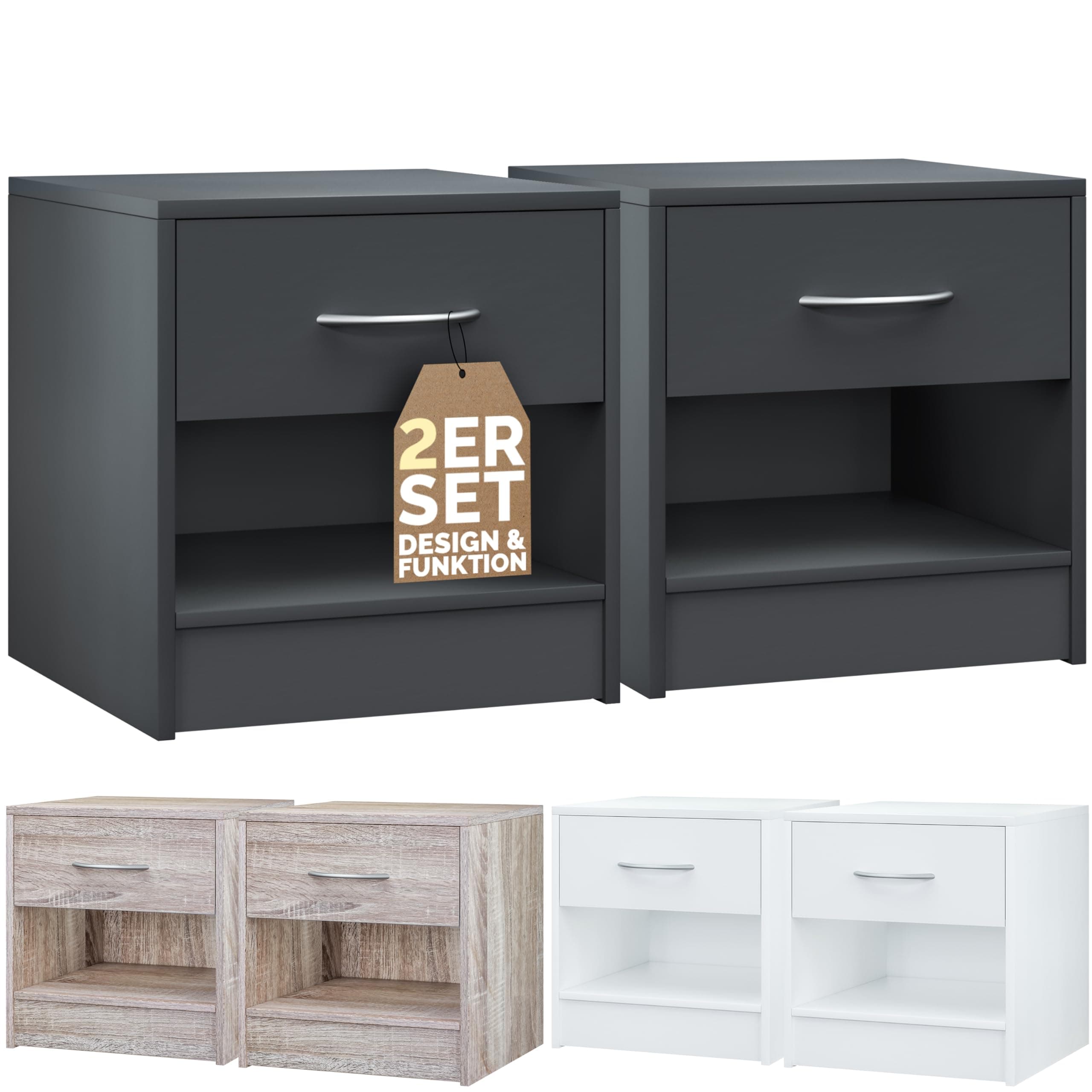 Casaria® Nachttisch 2er Set Anthrazit Schublade 41x39x28 cm Holz Ablage Modern Schlafzimmer Bett Nachtschrank Nachtkästchen Beistelltisch Nachtkommode 2 Anthrazit 🌙