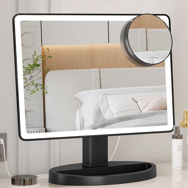 🌟 Großer beleuchteter Schminkspiegel (XL-Modell) - 3 Farb-Beleuchtungsmodi beleuchteter Spiegel mit 88 LEDs, 360 ° drehbarer Touchscreen und 10-fache Vergrößerung, Tisch-Kosmetikspiegel, Schwarz 🌟