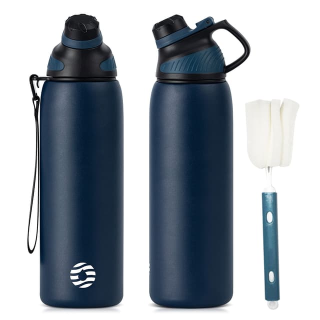 Fjbottle Edelstahl Trinkflasche Sport mit Magnetischem Deckel - Einzigartiges Design 🌊 - BPA-frei - 1500ML Wasserflasche Thermo Dunkelblau 1000 ml