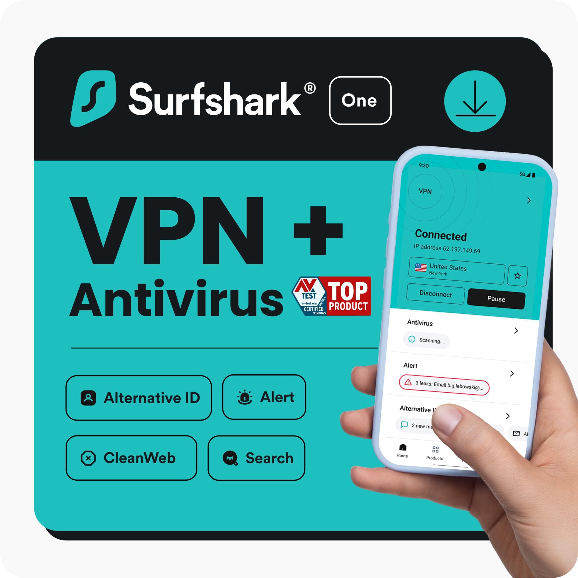 Surfshark One | Cybersecurity, VPN, Antivirus, Alert, Alternative ID, CleanWeb, Search | Windows/Mac/Linux/Android/iOS | 6 Monate