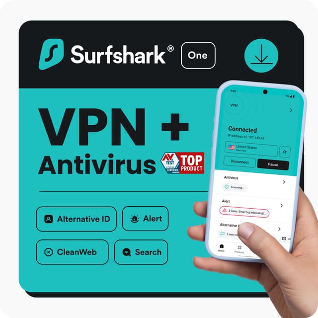 Surfshark One | Cybersecurity, VPN, Antivirus, Alert, Alternative ID, CleanWeb, Search | Windows/Mac/Linux/Android/iOS | 6 Monate