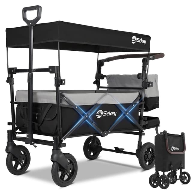 Sekey Faltbarer Bollerwagen mit Dach 2 Kinder, Bollerwagen Faltbar Kinder 100KG Tragkraft mit stoßfesten PU-Rädern, Handwagen mit Schiebegriff, Upgrade-Version TP5050, Schwarz mit Grau