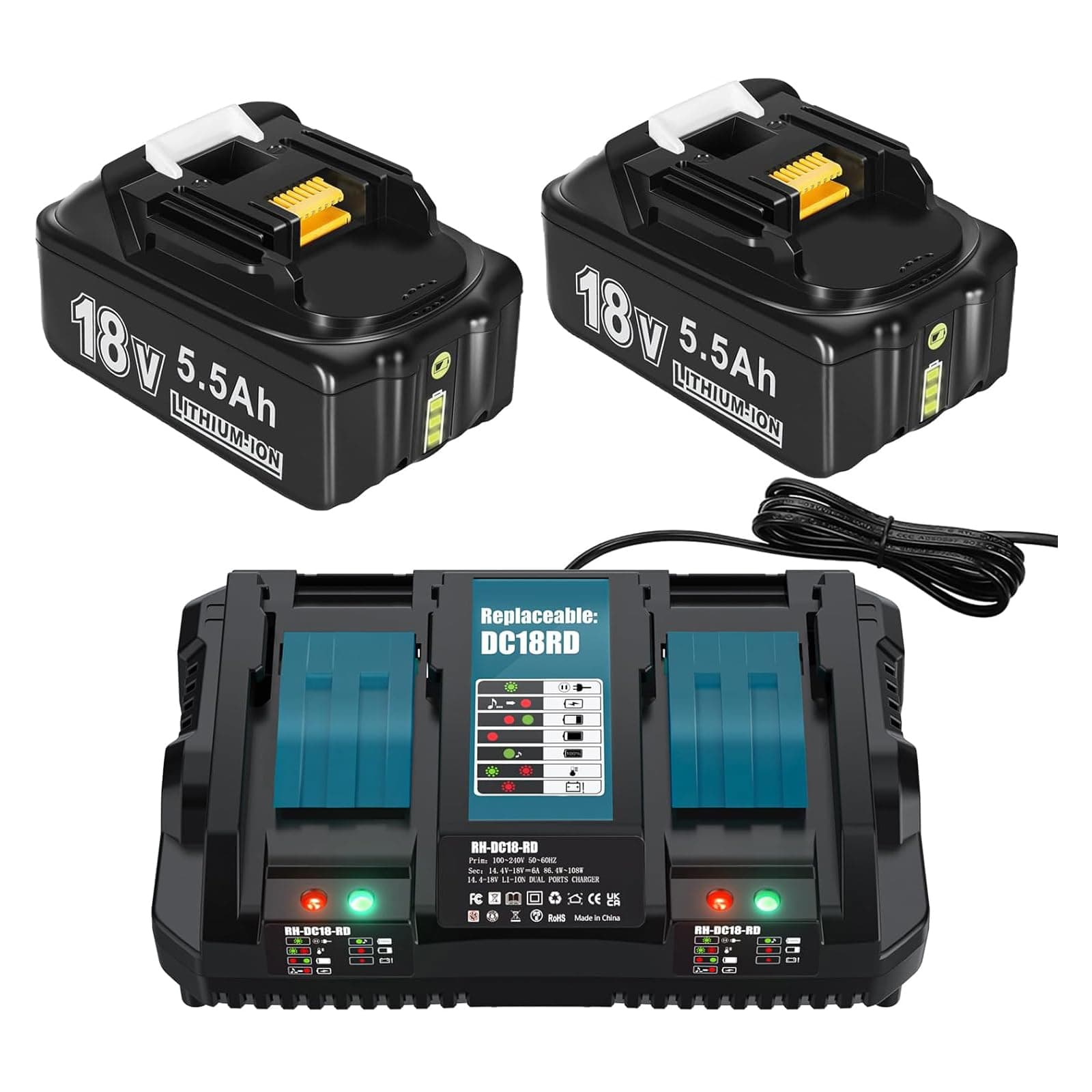 Angebot: 2X 18V 5,5Ah Ersatzakku für Makita + 6A DC18RD Dual Port Ladegerät