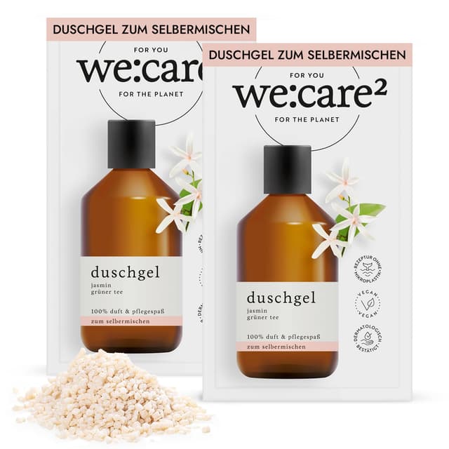 Deal: we:care² 2x Duschgel Pulver (Granulat) Jasmin/Grüner Tee - Nachfüllseife vegan & nachhaltig