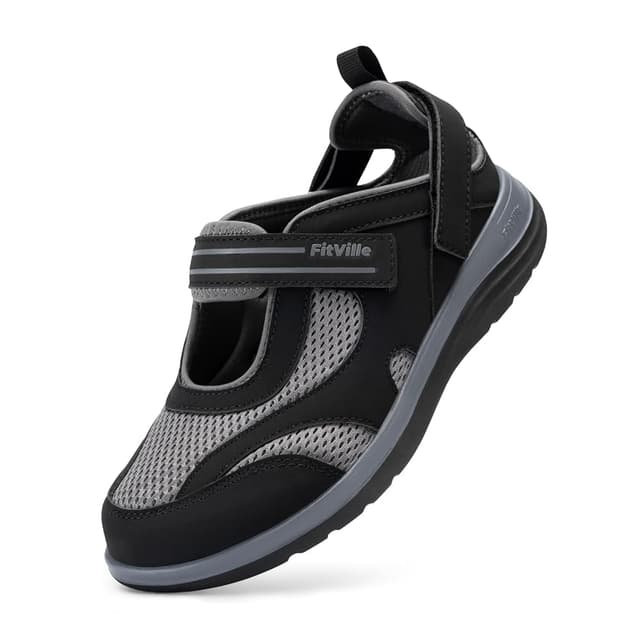🔥 Mega Deal: FitVille Extra Weit Senioren Sandalen Damen Sommer Pflege Mary Jane mit Klettverschluss 39 EU X-Weit Schwarz