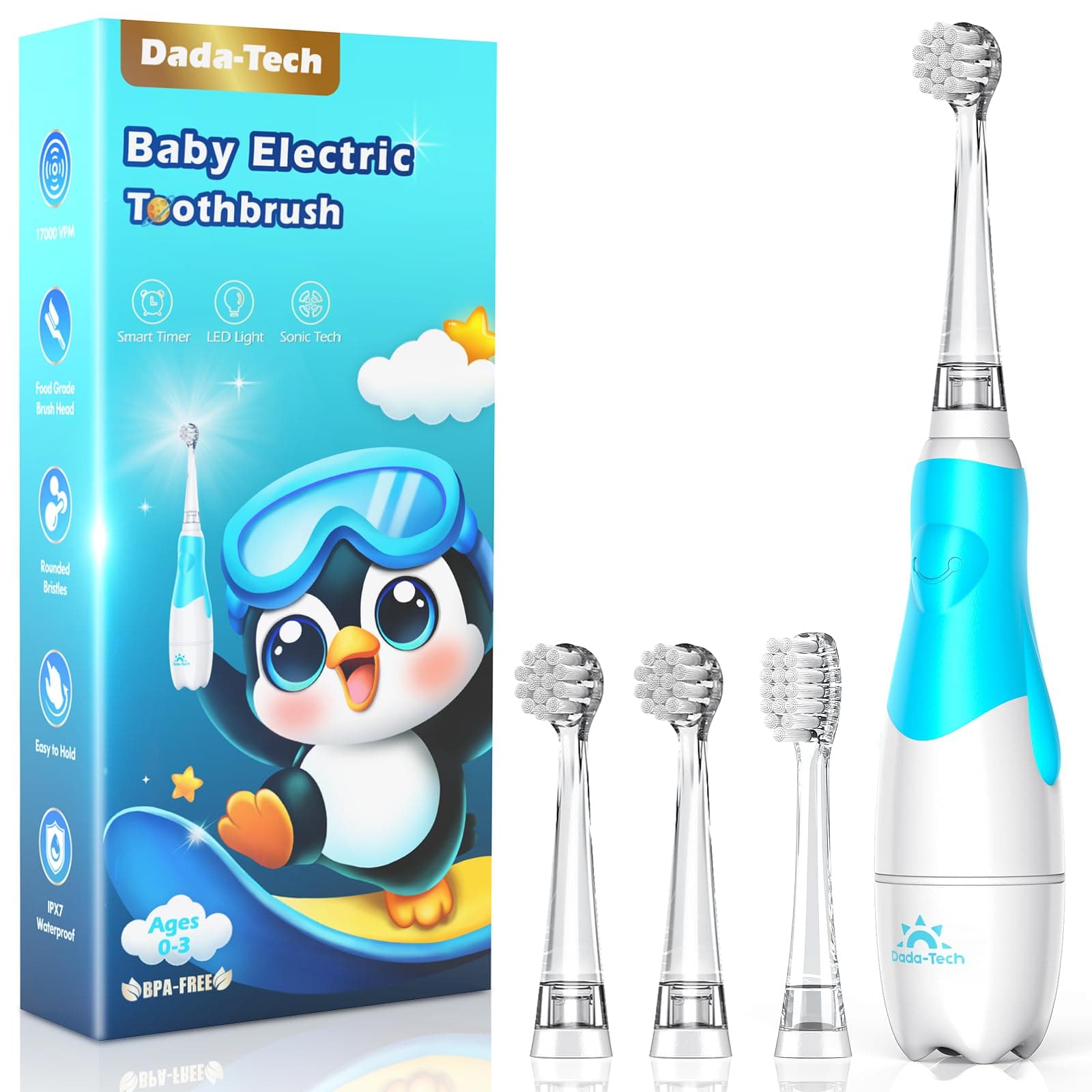 🦷 Elektrische Zahnbürste für Babys ab 6 Monate - Blauer Pinguin 🐧