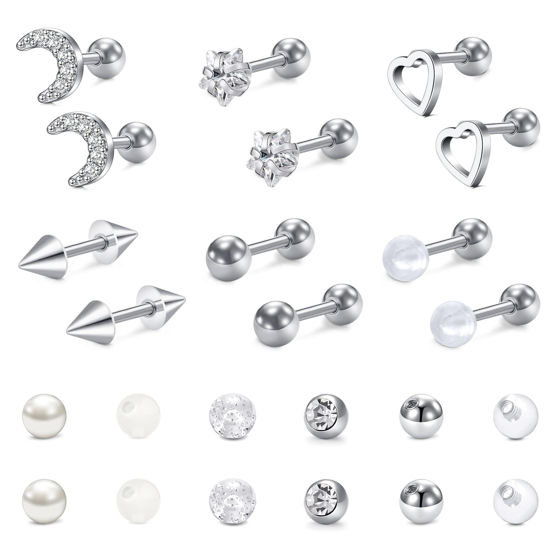 🌟 Tolles Angebot! Funseedrr 12 Paar 16G Tragus Helix Piercing Knorpel Stecker Chirurgenstahl 6mm Stab Ohrstecker Ohr Piercing Schmuck mit Ersatzkugeln Silber01