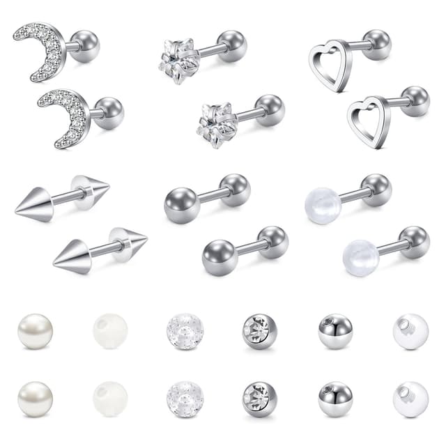 🌟 Tolles Angebot! Funseedrr 12 Paar 16G Tragus Helix Piercing Knorpel Stecker Chirurgenstahl 6mm Stab Ohrstecker Ohr Piercing Schmuck mit Ersatzkugeln Silber01