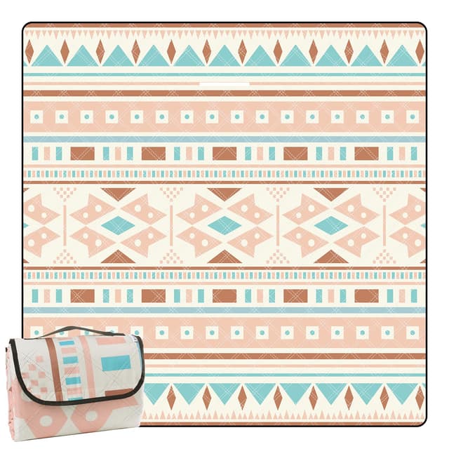 DEWUR Picknickdecke wasserdicht waschbar, Stranddecke Sandfrei XXL Campingdecke Strandmatte Teppich isoliert mit wasserdichter Unterseite (Boho-A, 200x200cm)