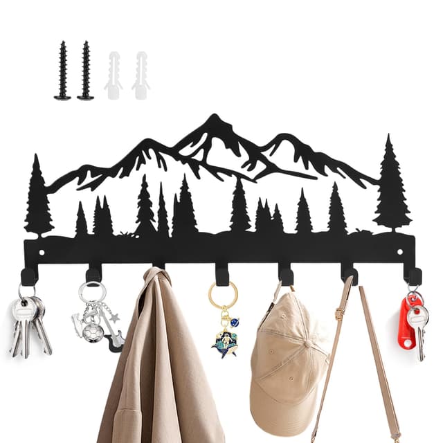 🔑🌲 Naturinspiriertes Schlüsselbrett - 7 Haken, Metall Kunst Hakenleiste