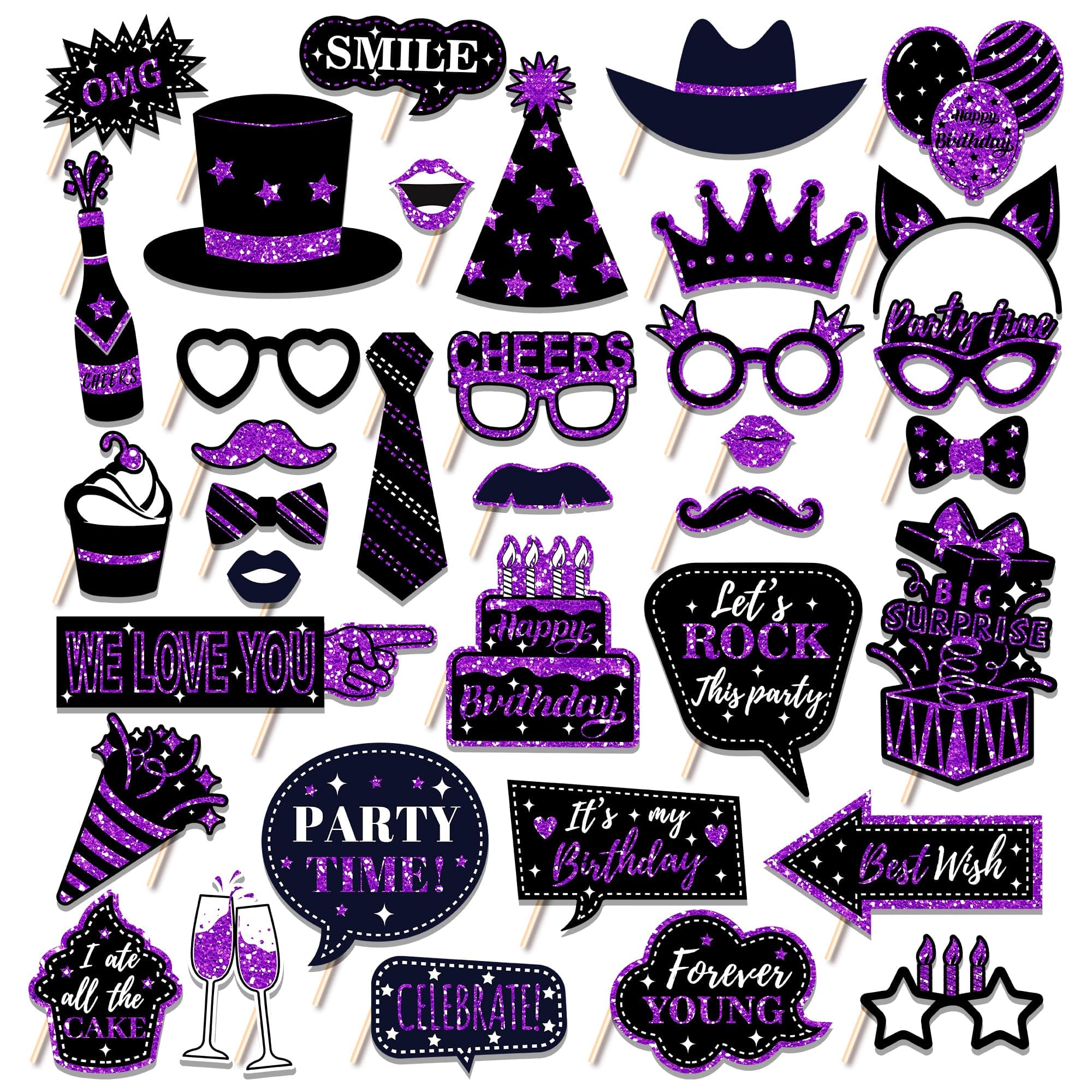 🎉 36 Lila Geburtstag Photo Booth Party Fotoautomat Requisiten 🎩👑